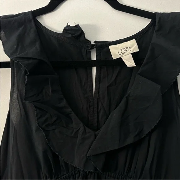 LOFT Black Sleeveless Dress with Ruffle Neckline & 3D Floral Hem | Size 4 - Picture 5 of 5